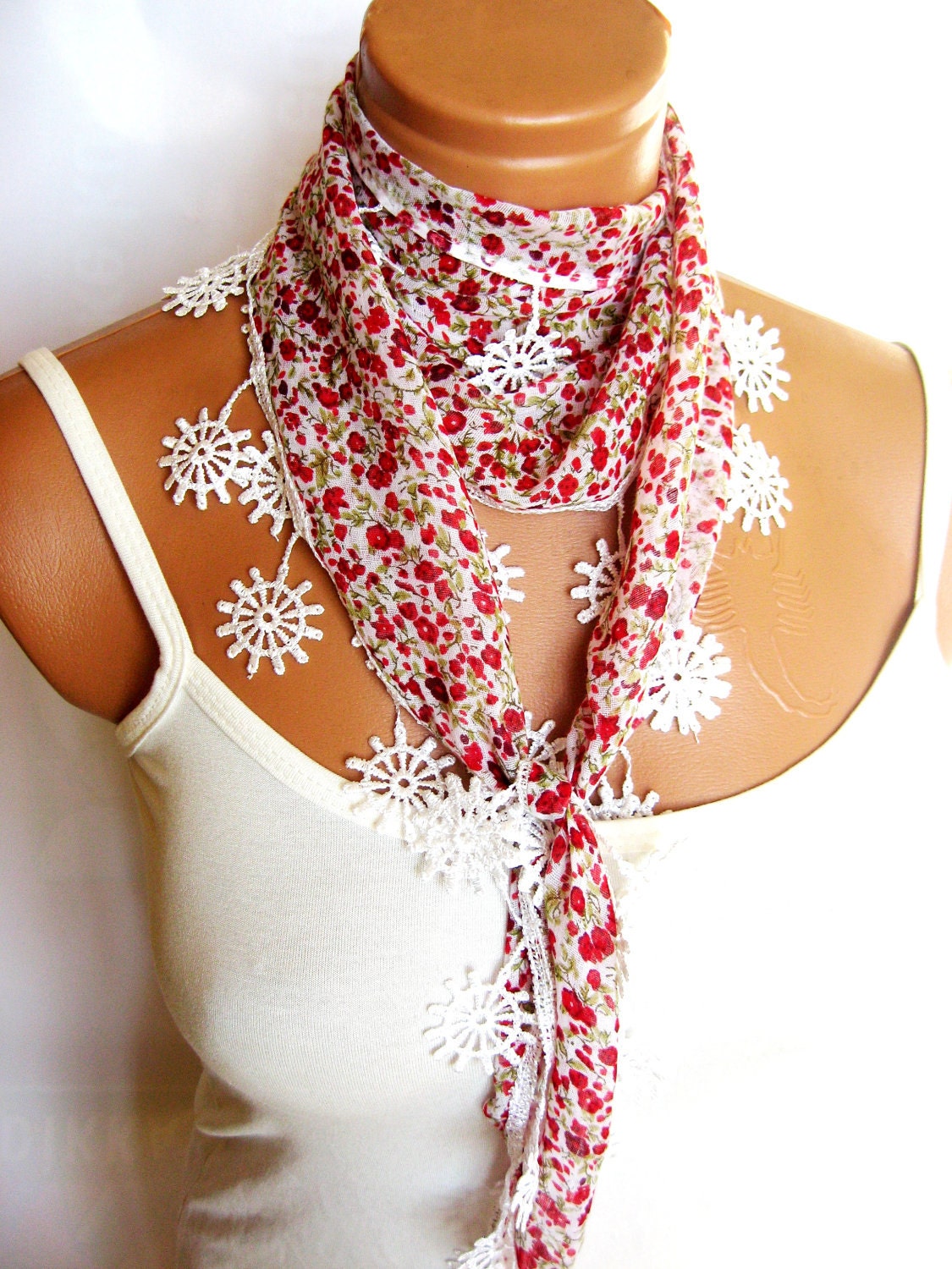 Red, White, Green, Scarf, Turkish Fabric Fringed Guipure Scarf ..bandana,headband,wedding,bridal,authentic, romantic,