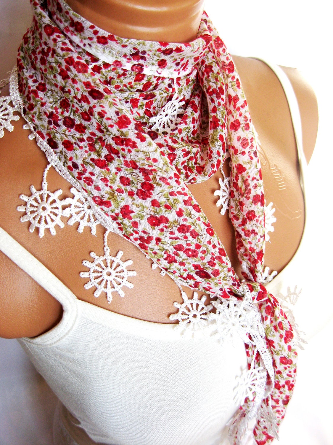 Red, White, Green, Scarf, Turkish Fabric Fringed Guipure Scarf ..bandana,headband,wedding,bridal,authentic, romantic,