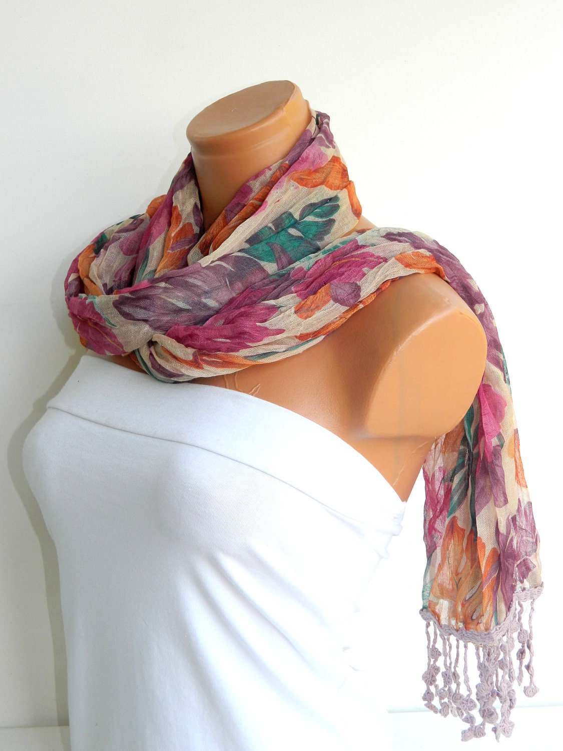 Fabric scarves,Pink Purple Multicolor Scarf. Turkish Fabric Fringed Guipure Scarf.bandana,headband,bridal,authentic, romantic, elegant,