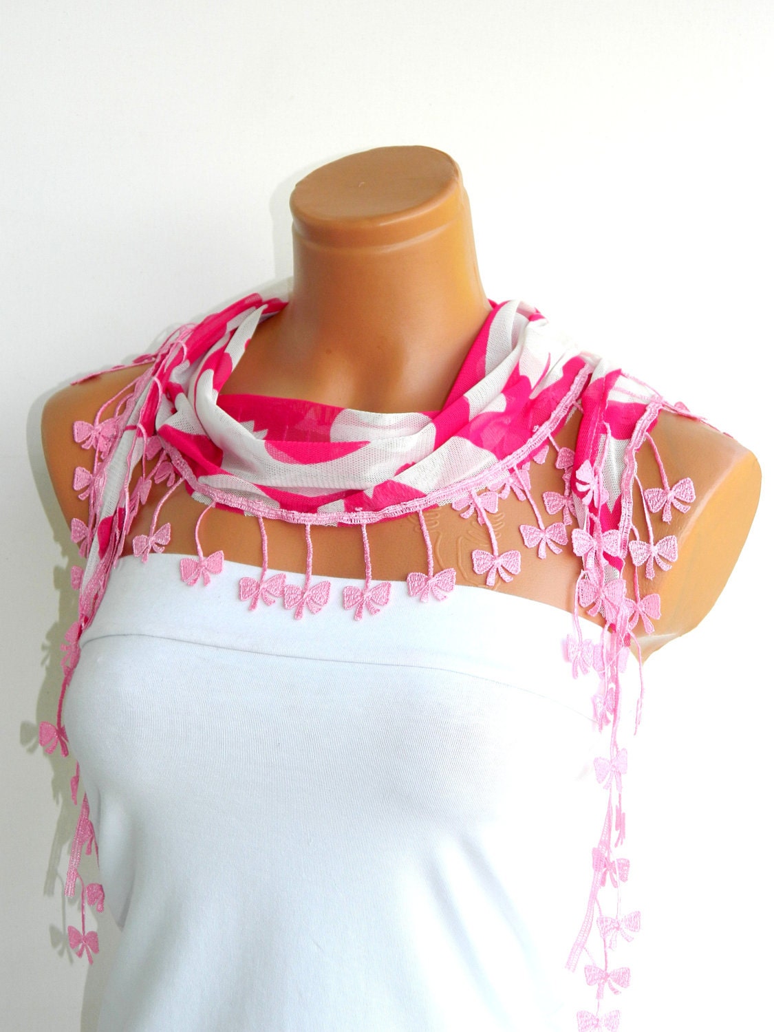 Fuchsia, White flower Scarf. Turkish Chiffon Fabric Fringed Guipure Scarf ..bandana,headband,wedding,bridal,authentic, romantic, elegant,