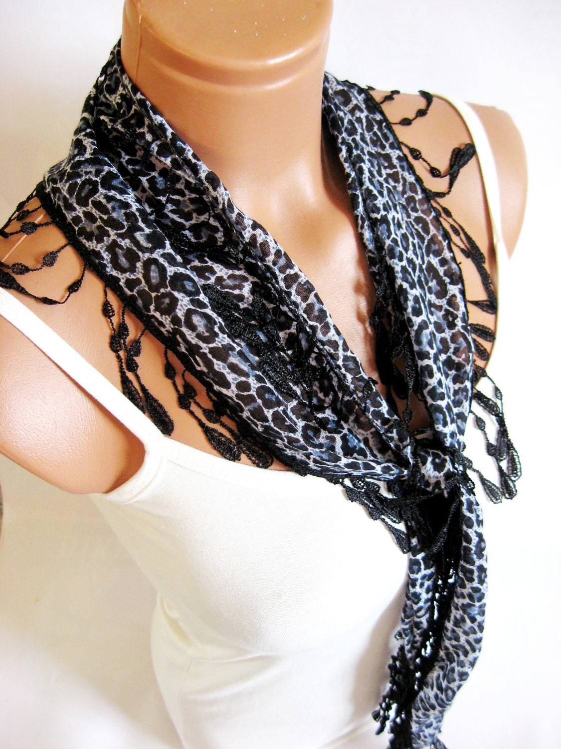 Leopard Scarves,Gray, Black, White, . Turkish Fabric Fringed Guipure Scarf ..bandana,headband,wedding,bridal,authentic, romantic,