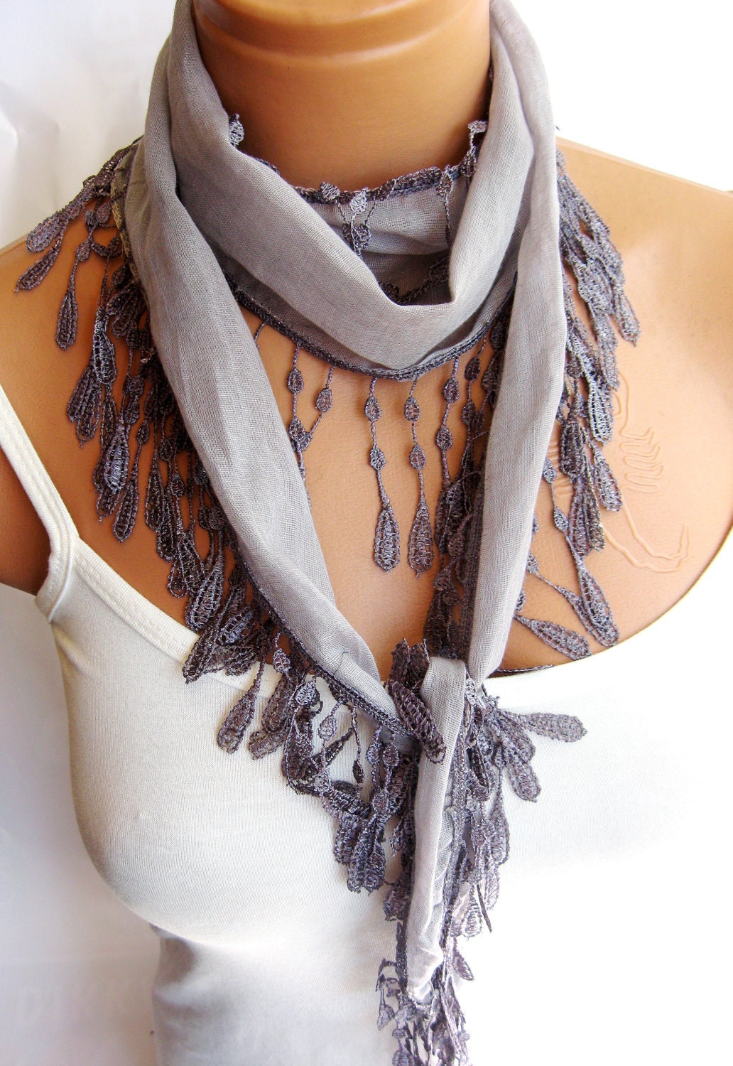 Fashion Gray Scarf. Summer trend scarf. Turkish Fabric Fringed Guipure Scarf ..bandana,headband,wedding,bridal,authentic, romantic,