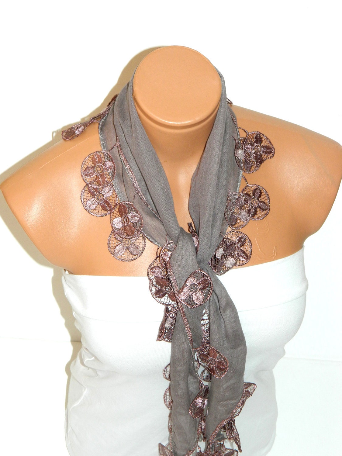 Personalized Design chocolate, beige Scarf. Turkish Fabric Fringed Guipure Scarf ..bandana,headband,wedding,bridal,authentic, romantic,