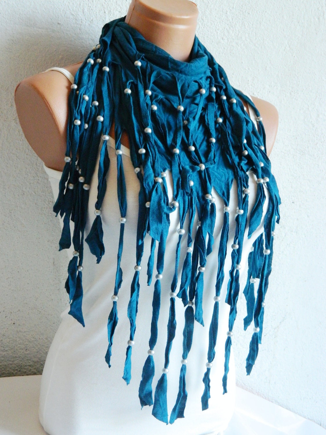 Teal Blue Fabric Fringed Scarf with Beads, Woman Scarves, Scarf, Accessory,
