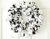 Black and White Wreath - Ready to Ship - Scrappy Fabric Rag Wreath - Shabby Chic Home Decor - Damask, Polka Dot, Stripes and Solids