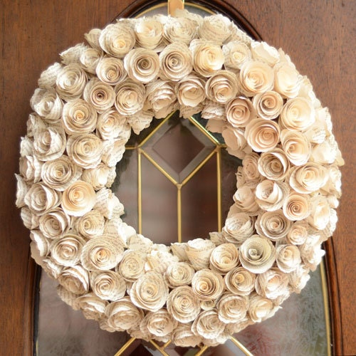 Medium Book Page Rosette Wreath 17 Inch - Upcycled Wedding, Birthday or Anniversary Gift - Spring Shabby Chic Eco Friendly Green Home Decor