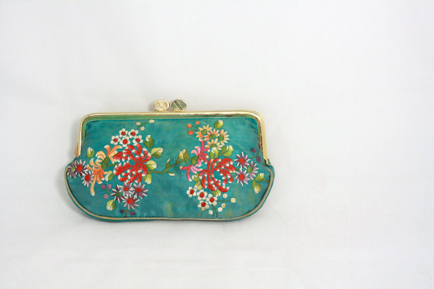 Vintage Teal Silk Embroidered Clutch Purse, Asian Purse