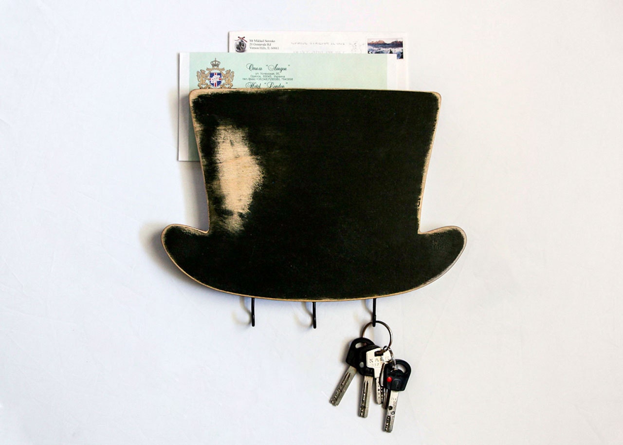 Key Hook - Wooden Wall Organizer - Wood Shelf - High Hat for your keys, bills and letters