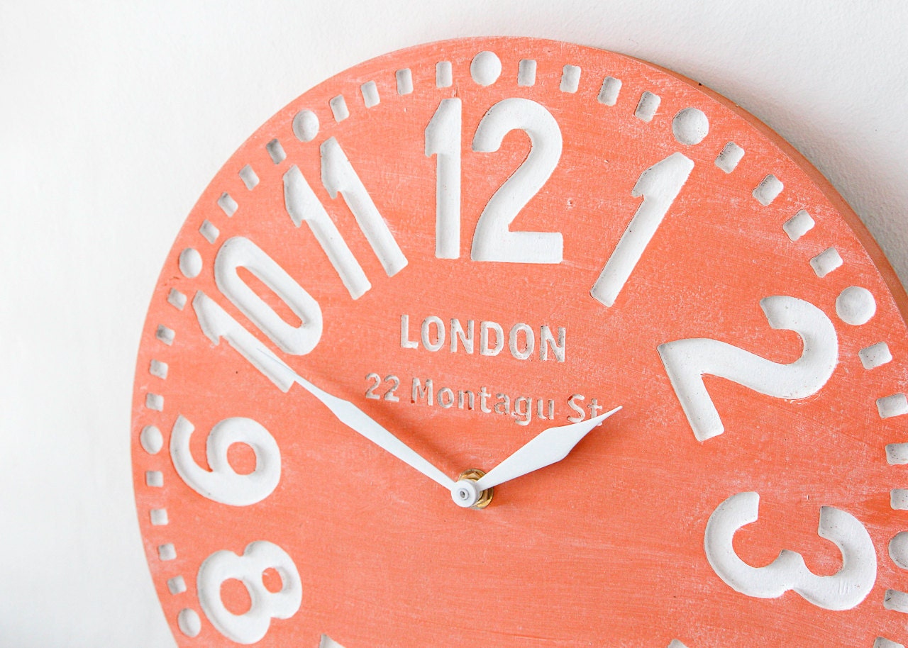 SALE Vintage clock -London coral- birch clock hand painted by happy fresh coral color