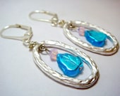 Blue and Pink Leaf Earrings with Hammered Metal Loops