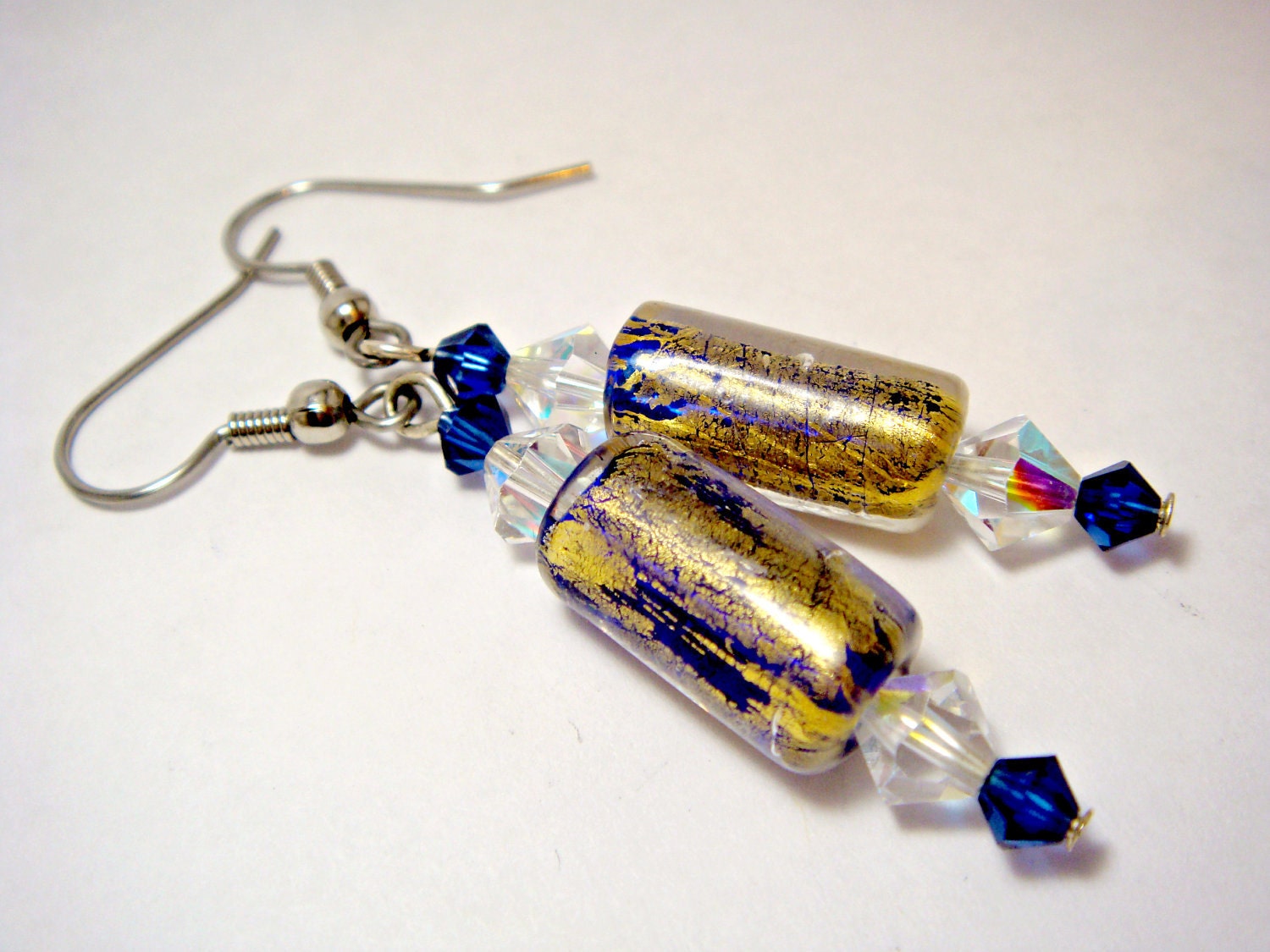 Blue and Gold Glass Earrings with Swarovski Crystals
