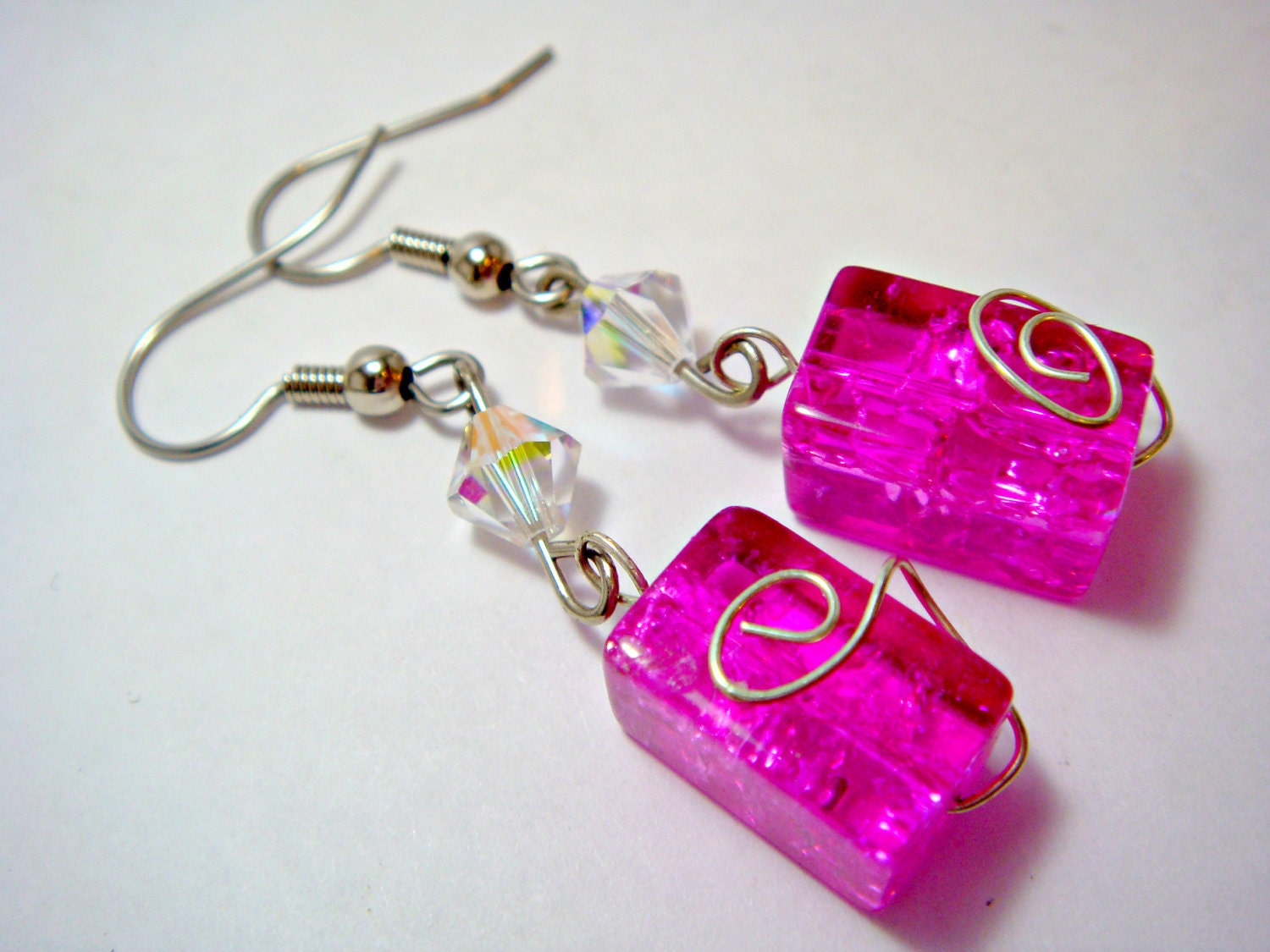 Pink Crackled Cuboid Earrings with Swarovski Crystals and a Wire Swirl