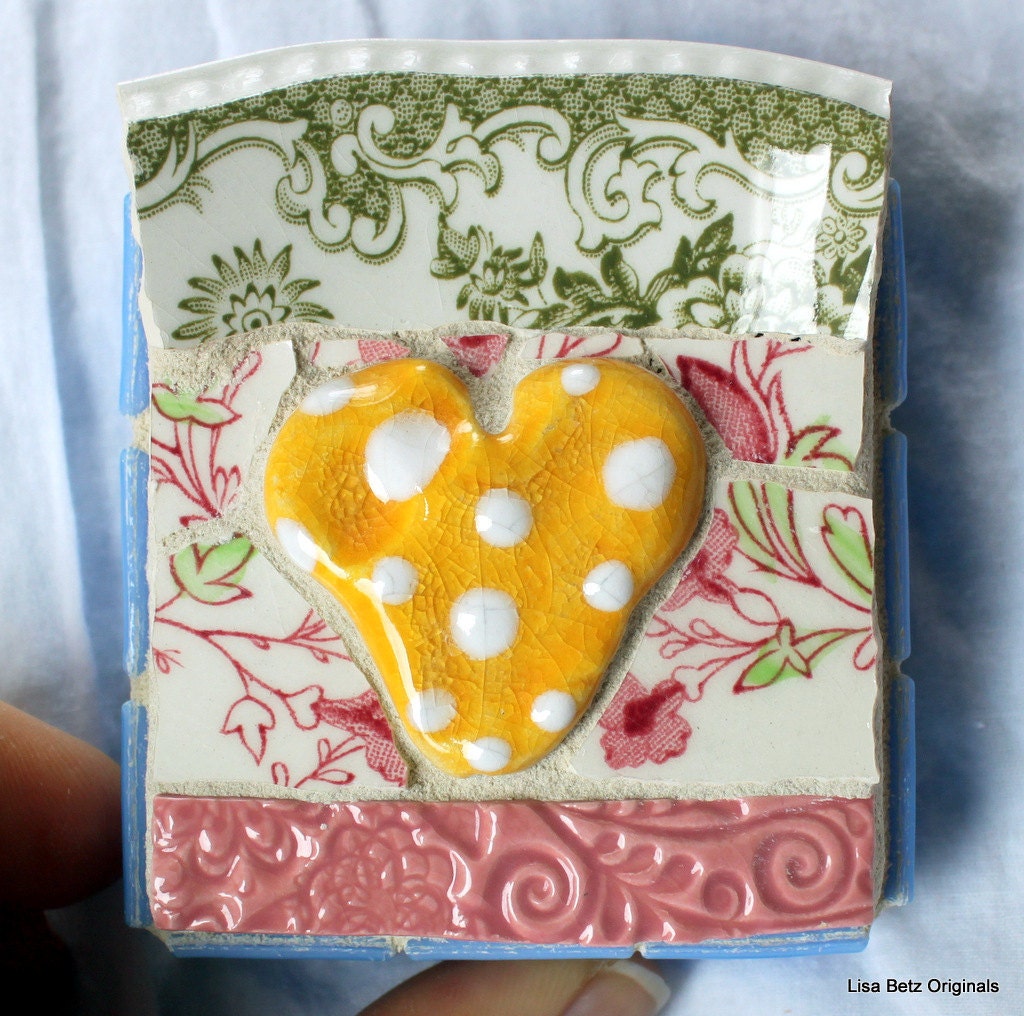 Yellow polka dot heart  Mixed Media Mosaic Art