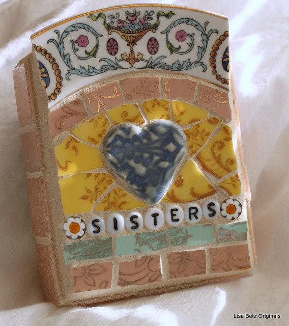 Sisters" mixed media mosaic art wall hanging with handmade ceramic tiles and vintage dish tiles