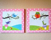 HAYLEY BIRDS and a cute OWL: Hand-painted Acrylic Painting on Canvas - for Kids nursery and/or playroom ...set of two large 12 x 12 canvases