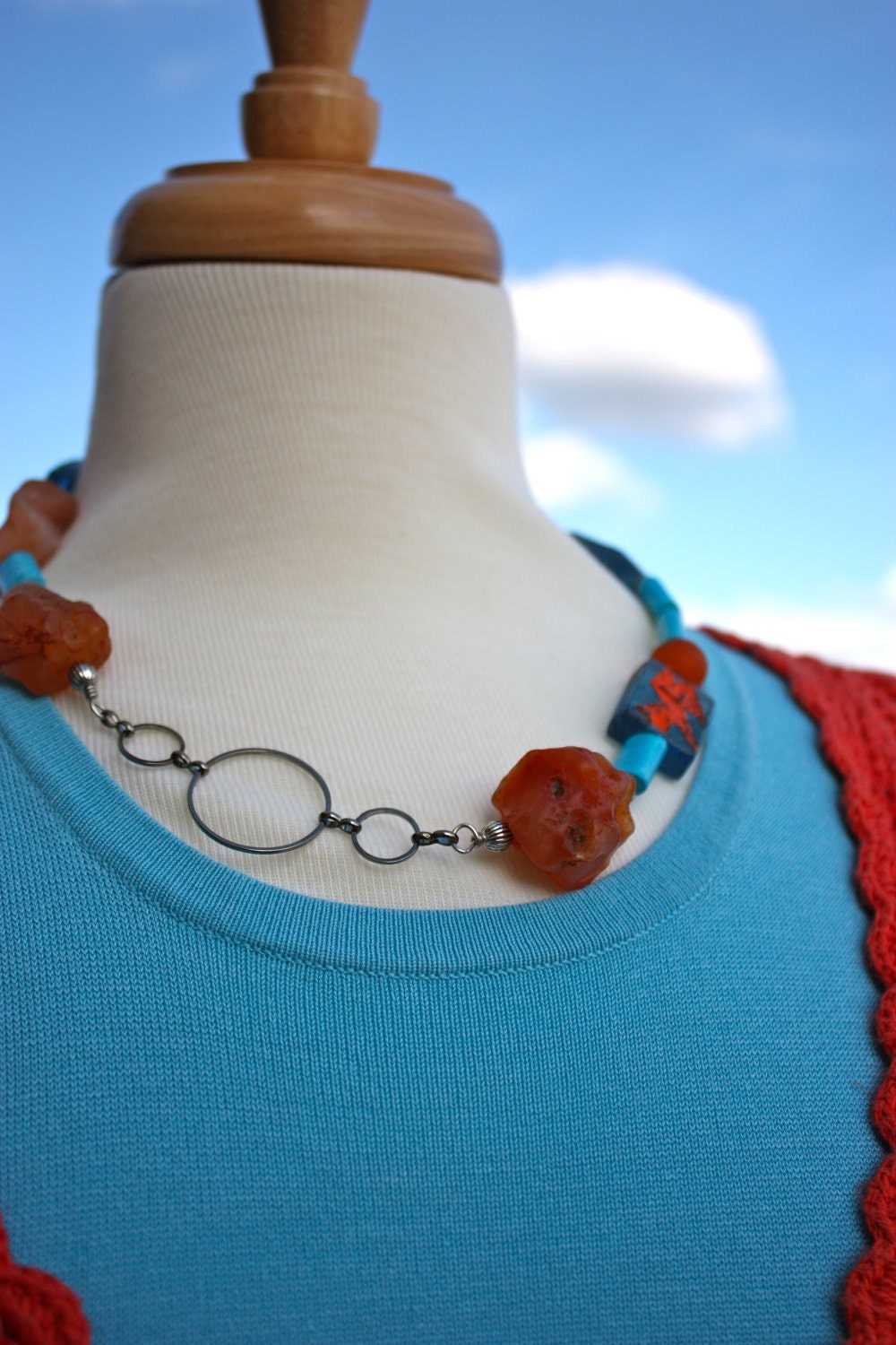 Choker Necklace in Orange and Teal