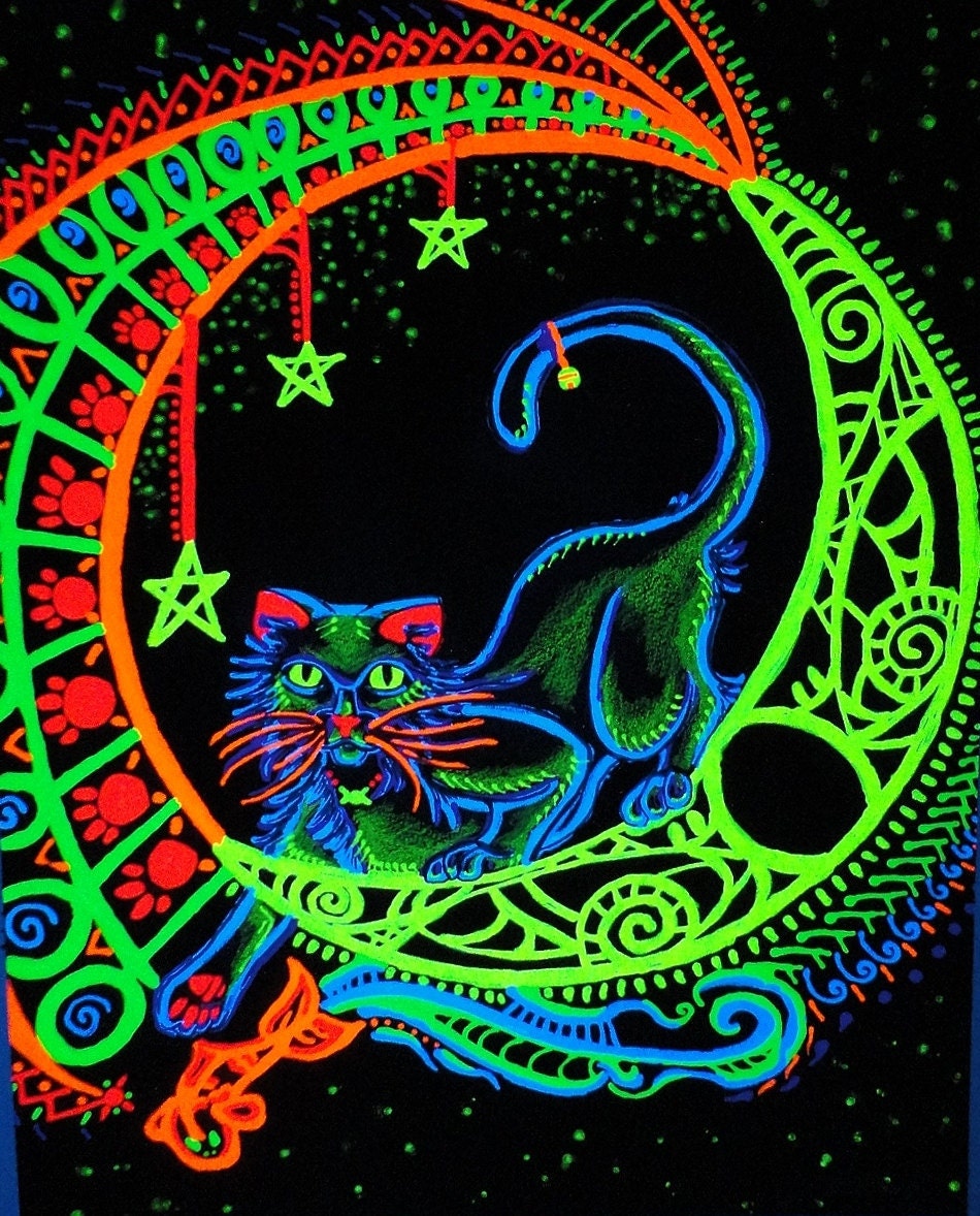 Original Mixed Media - Cheshire Moon - Black Light Rave Crescent Kitty Cat Arcane Pagan Celestial