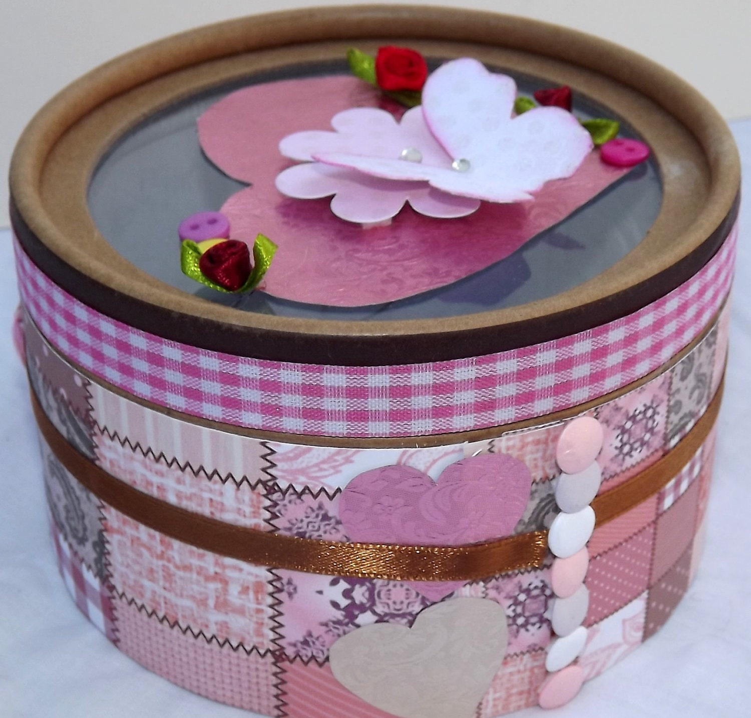 gift box / keepsake box in pretty pinks and gingham with 3D butterfly and roses
