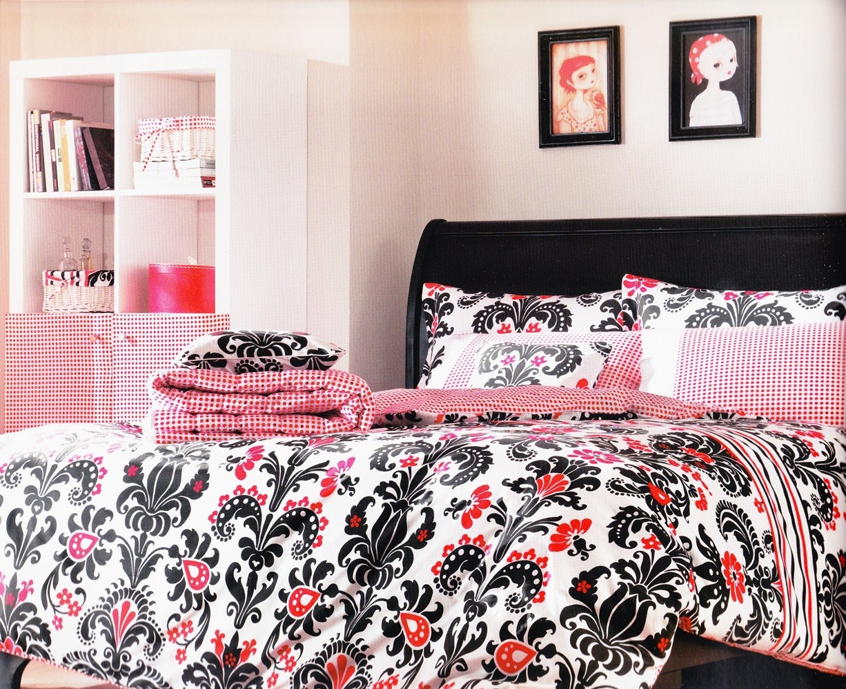 Custom Queen Size Red White and Black Damask , Polka Dots Print  Duvet Cover Set , 3pcs