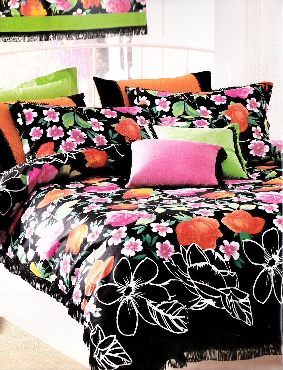 Custom Queen or Full Size Colorful Coral Orange Fuchsia Pink Green Floral Print on Black Backround Bedding Set