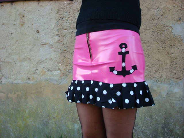 Rockabilly skirt polka dot pink pvc anchor psychobilly punk goth fétish vinyl pvc tattoo custom diy