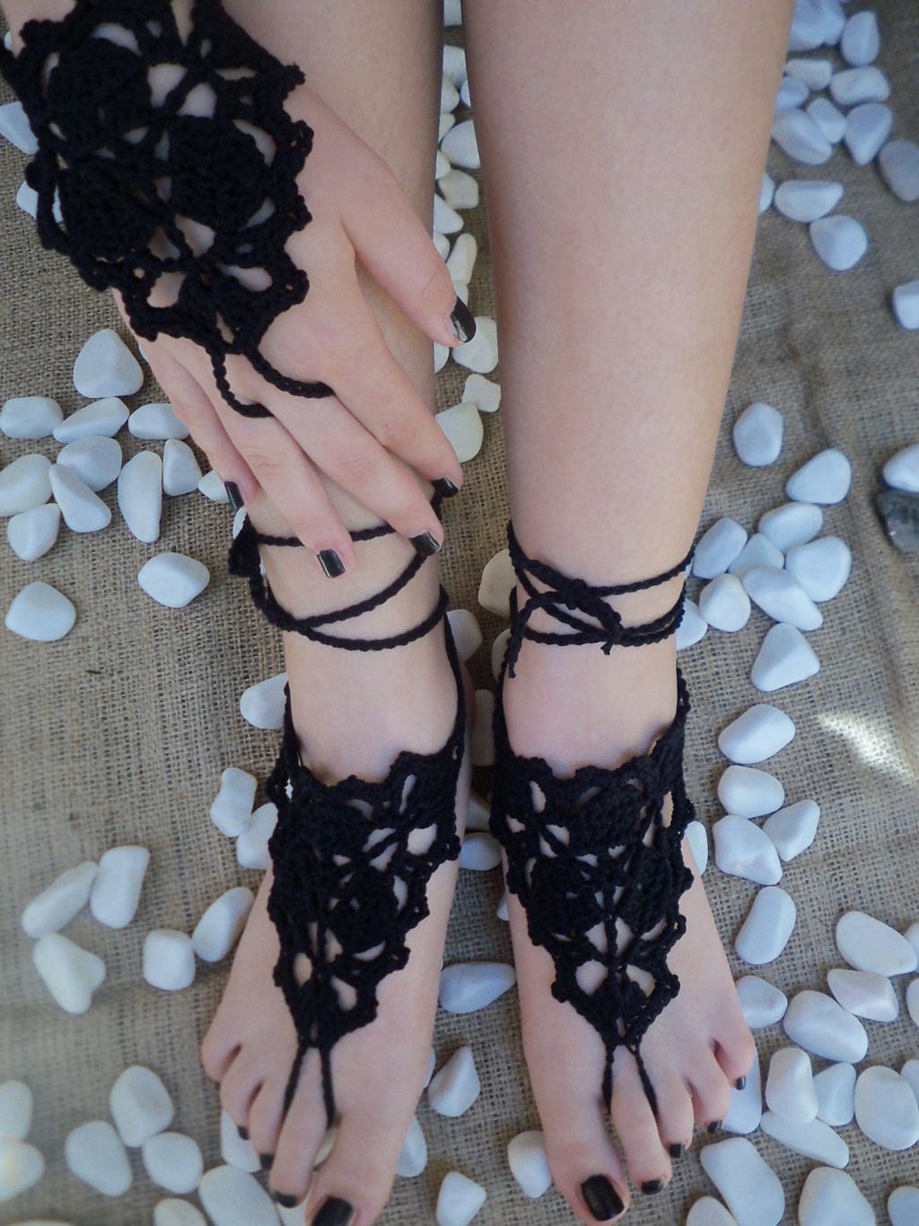 Black Crochet Barefoot Sandals, Nude shoes, Foot jewelry, Wictorian Lace, Sexy, Yoga, Anklet , Bellydance, Steampunk, Beach Pool