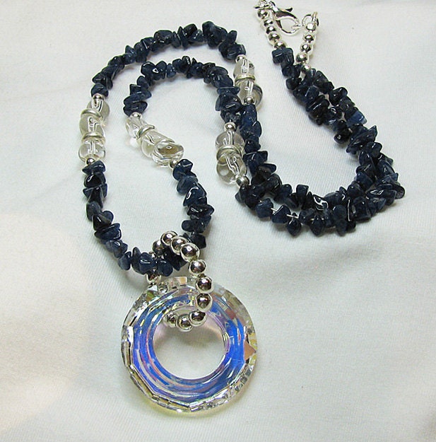 Crystal pendant necklace Blue sapphire necklace  Sterling silver beaded necklace Gemstone beaded jewelry Mothers Day