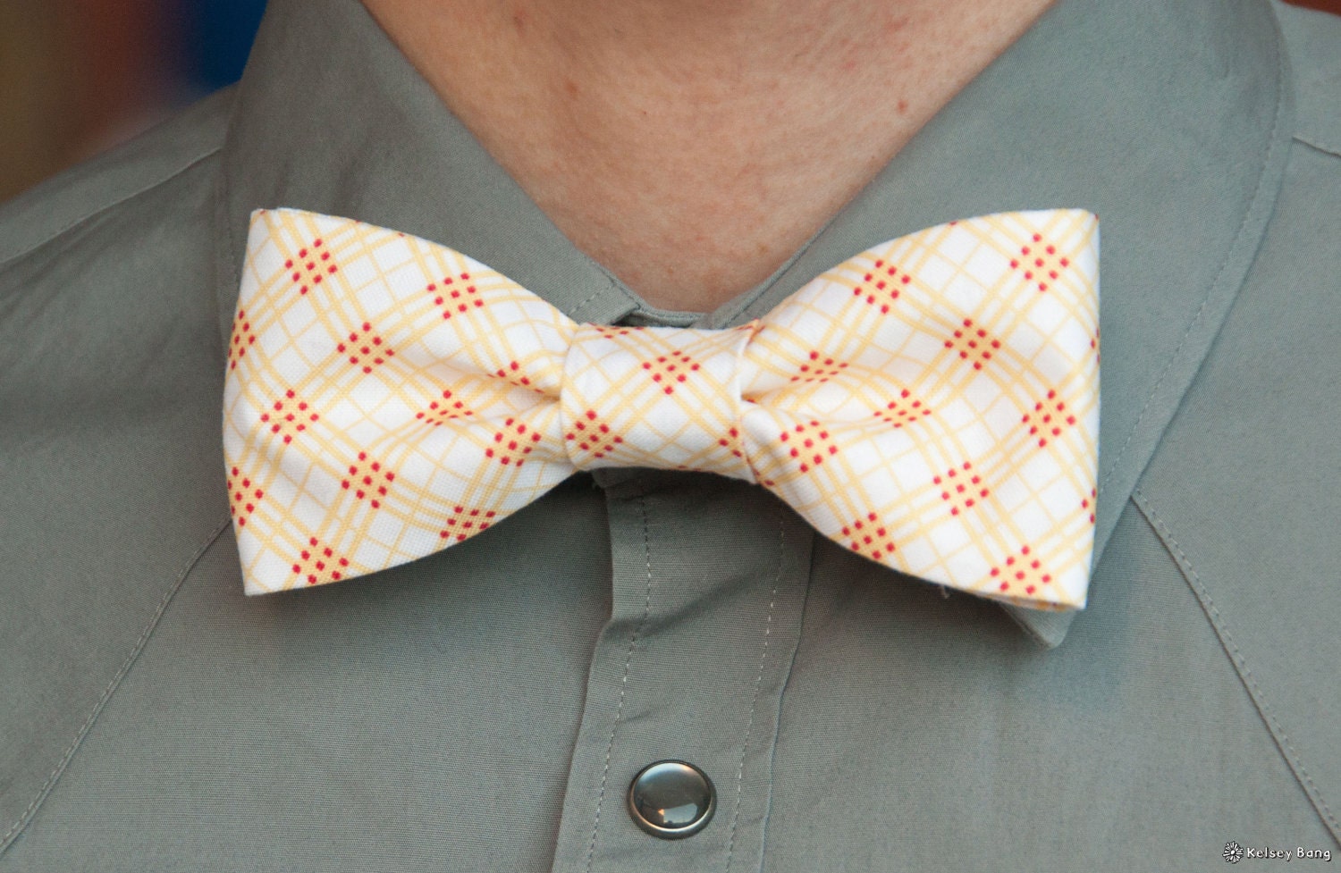 mens easy clip on bow tie - yellow, red white unique plaid pattern