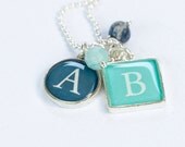 Initial Necklace Two Initial Pendants Personalized Initial Charms Aquamarine Blue Name Necklace