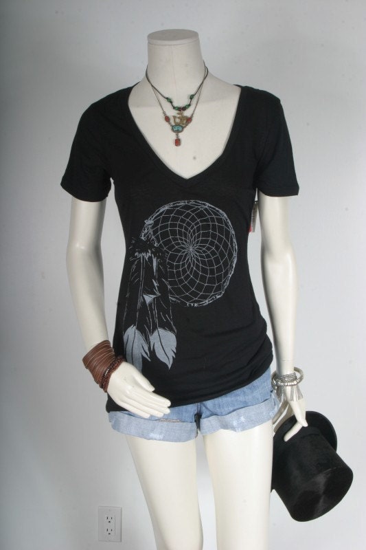 Women tshirt Dream Catching black size M medium deep V neck