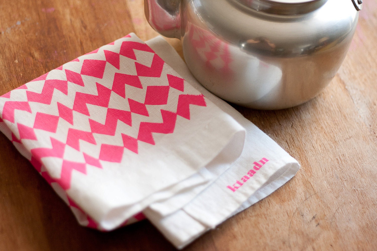 Linen Tea Towel - Neon Pink Geometric