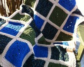 Crocheted afghan granny square blue and green fleece yarn--READY TO SHIP