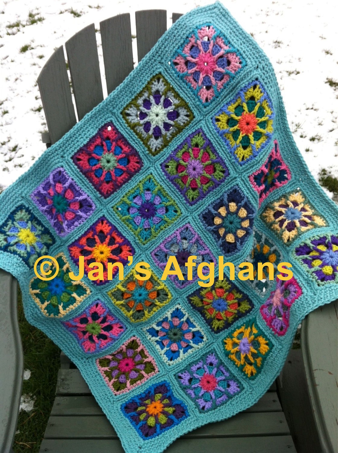 Crocheted afghan kaleidoscope baby blanket 34"x34" granny squares seafoam border--READY to SHIP