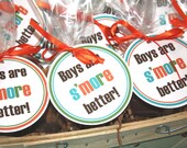 Backyard Campout Printable Favor Tags, Boys are S'more Better Labels, Stickers, Hang Tags
