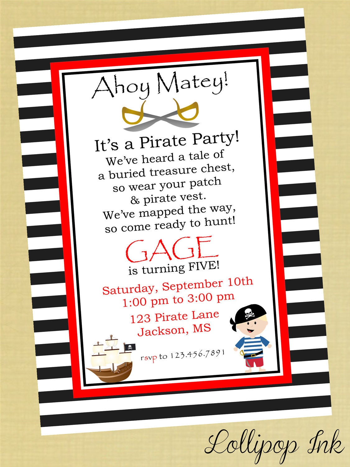 Pirate Printable Invitation, Personalized Pirate Party Birthday Invite, Birthday Boy