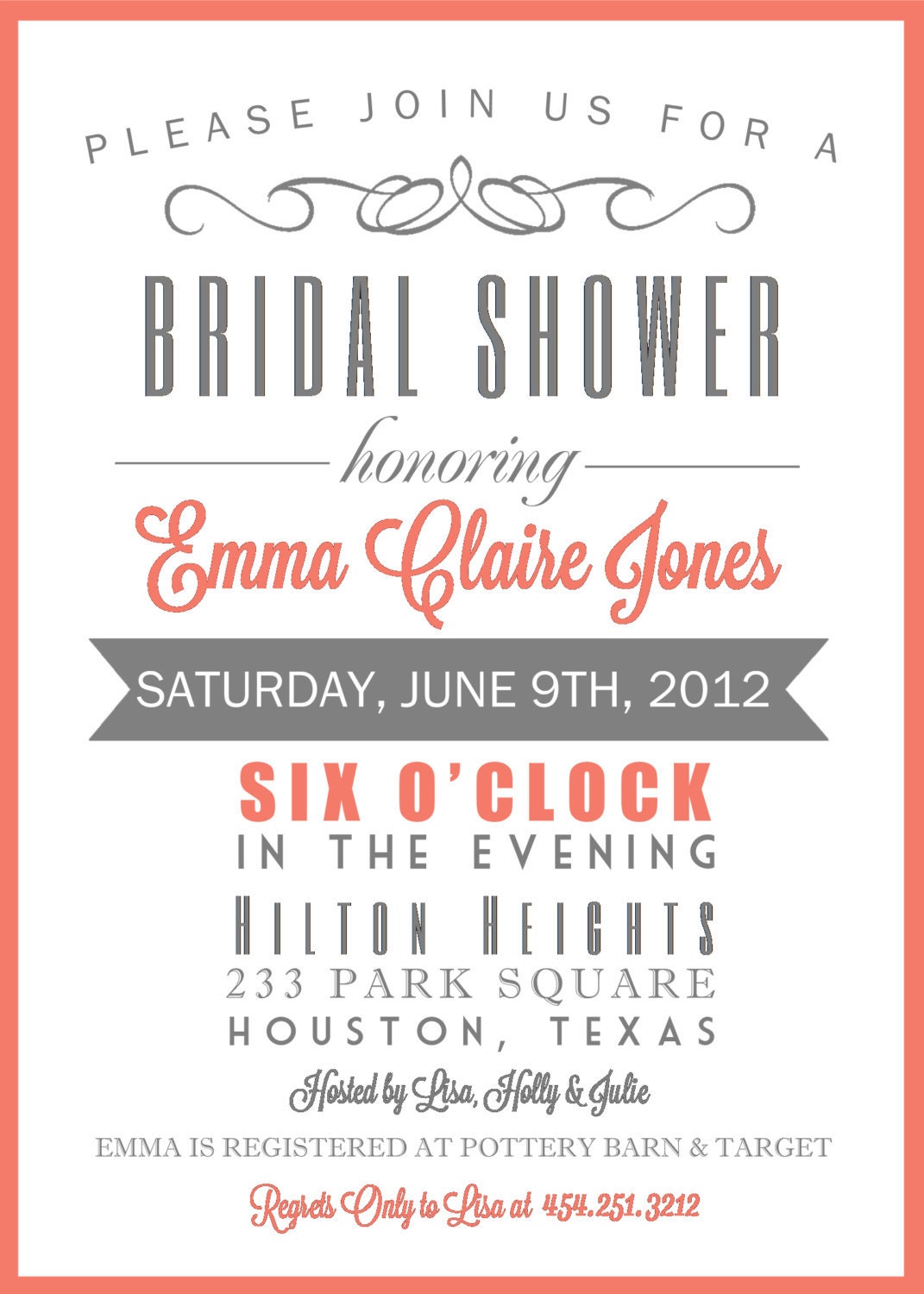Bridal Shower Printable Party Invitation, Personalized Coral and Gray Bridal Shower Invite
