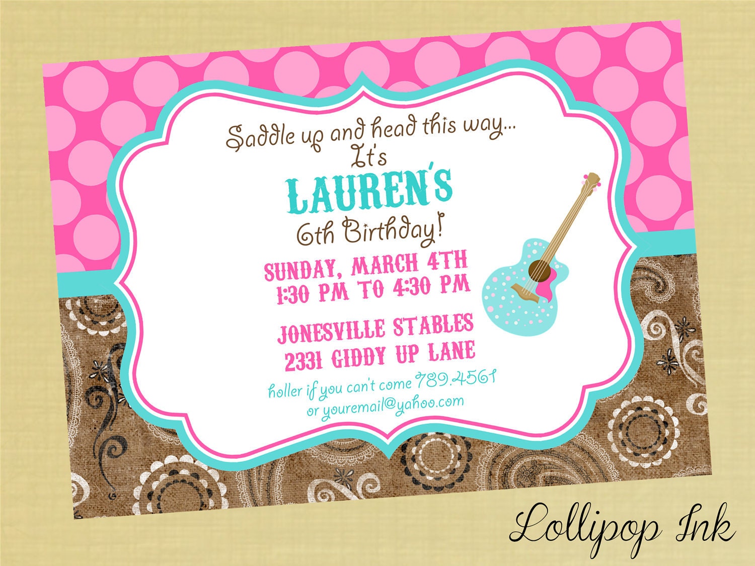 Vintage COWGIRL Printable Birthday Invitation, COWGIRL Personalized Birthday Invite