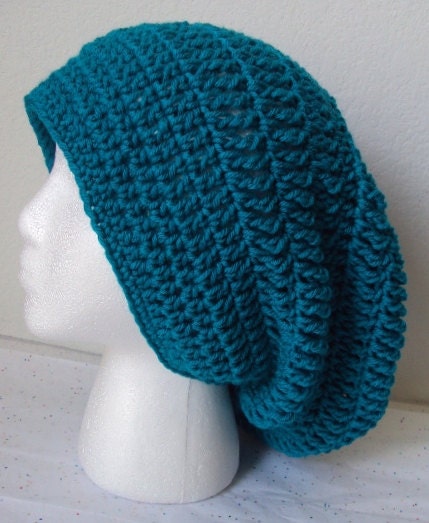 Crochet Slouchy Beret/Hat - Adult Size Large - Peacock Color