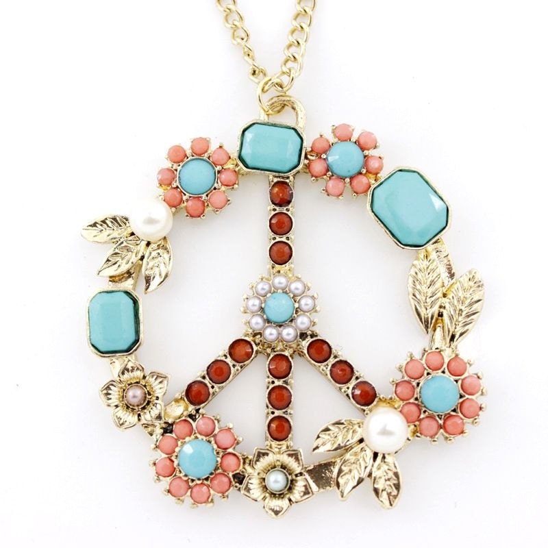 Vintage Beautiful Gold-tone Floral Peace Sign Pendant NECKLACE
