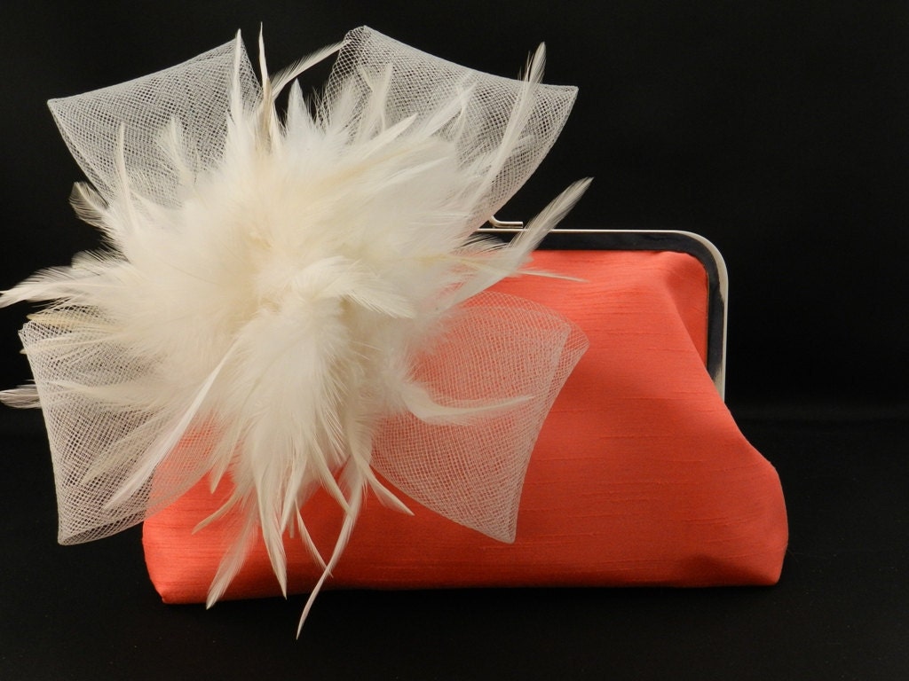 Coral Shantung with Ivory feather embellishment
