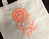 The Kachina Two Tote, Natural Hand Screen Printed Cotton Tote in Neon Orange, Southwestern Design