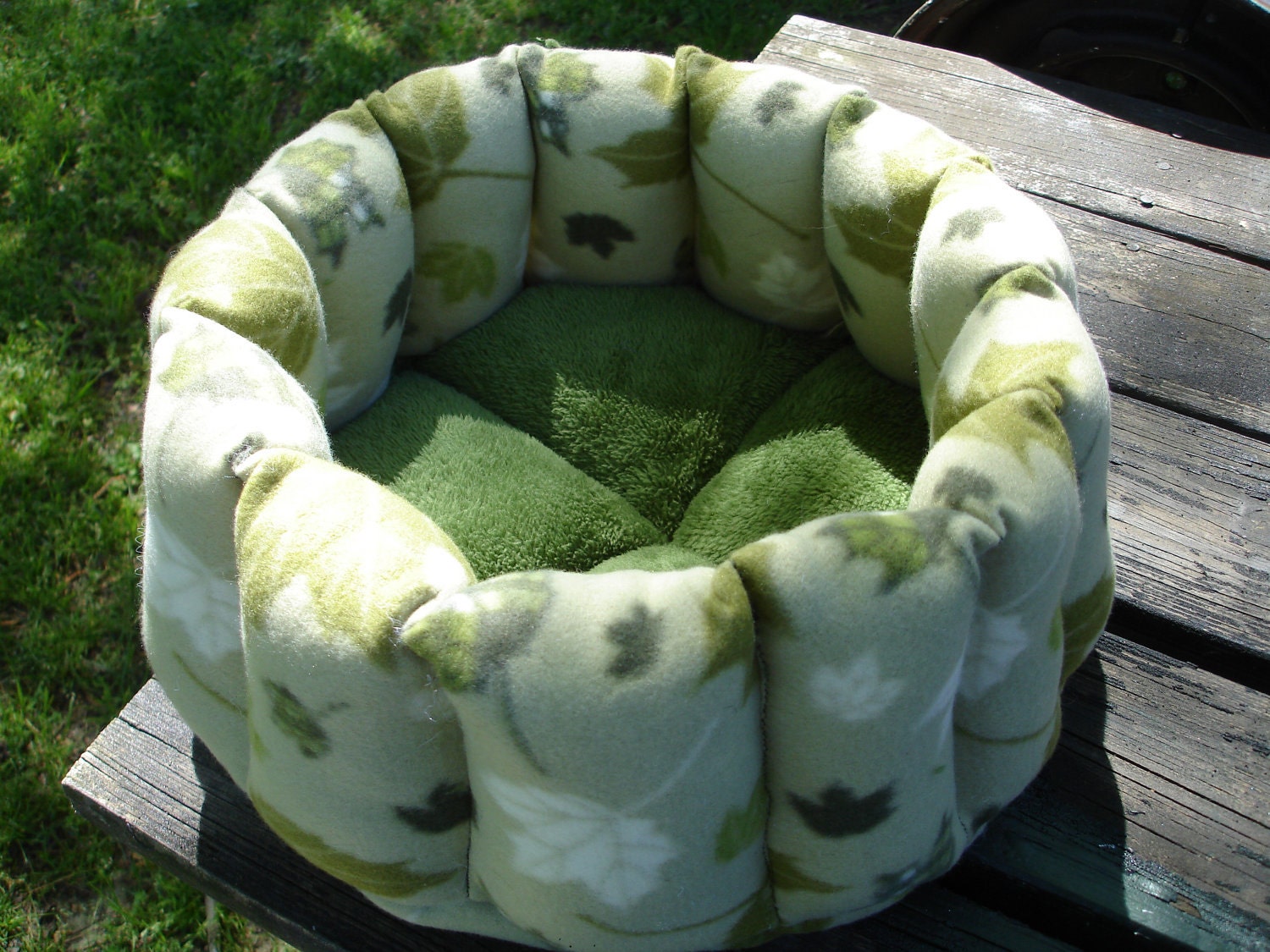 Cat or small dog bed 15 inch in green maple leaf fleece and moss green microplush