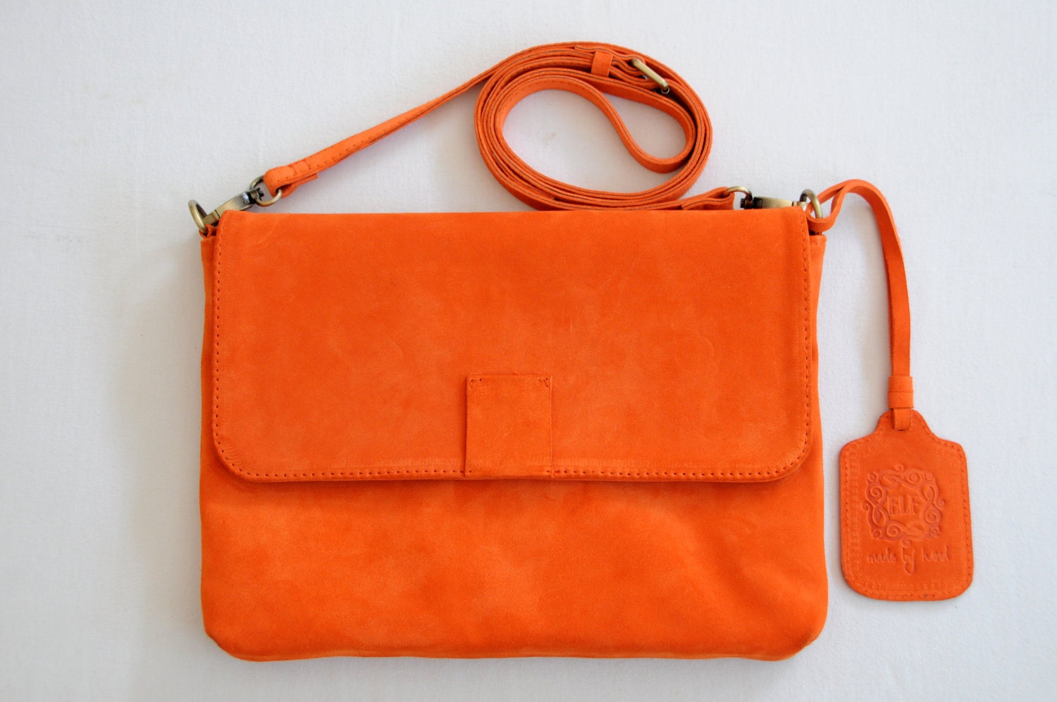 DUNE. Orange suede clutch / crossbody purse / shoulder bag / large clutch.