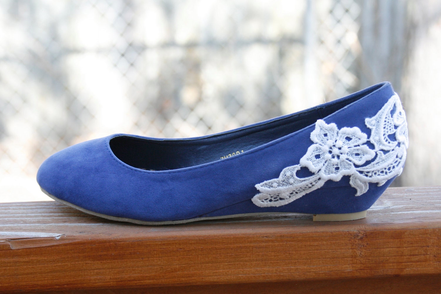 Wedding Shoes - Blue flat/low wedge, wedding shoes with Ivory lace. US Size 6.