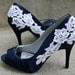 Navy Blue Bridal Shoes With Venise Lace Applique. Size 8