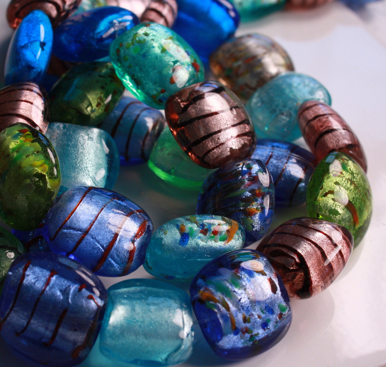 Lamp Work Rounded Square (cushion) Beads, Mulit Blue/Green 20x20mm, 15" strand (LW.0019a,19b)