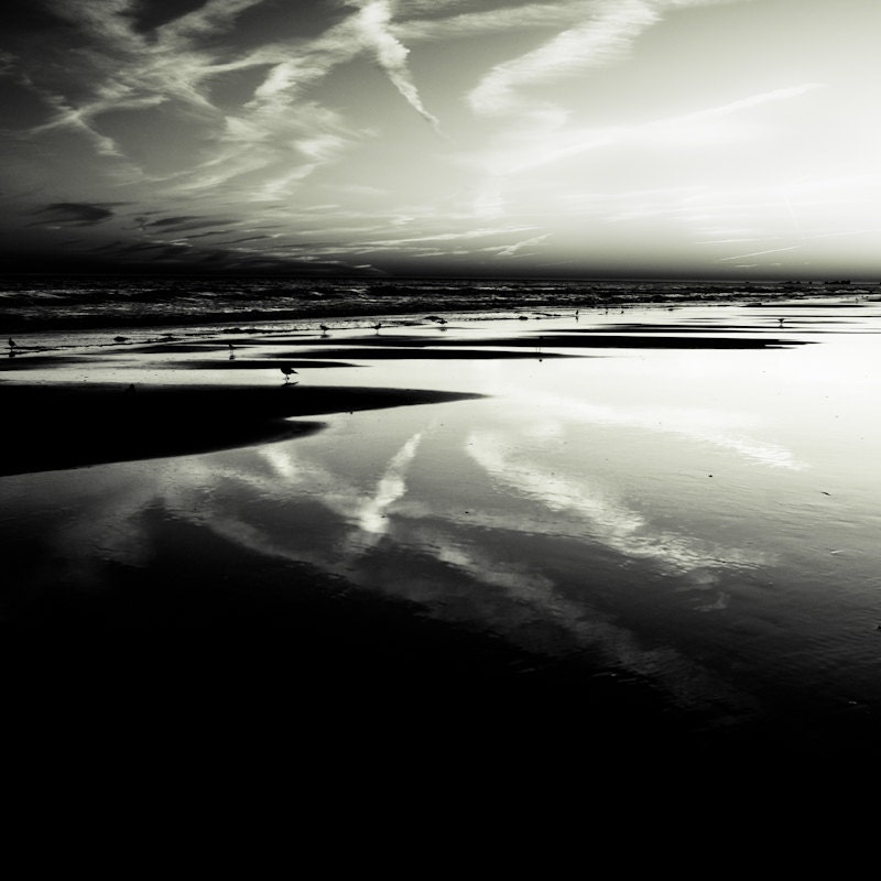 Glass Beach - ocean art print, black and white photography, water photography, shore, sky, clouds, 8x8 Print