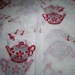 Vintage red flocked Fabric 1940s kitchen Red White and Green Teapots music notes by hermina's cottage