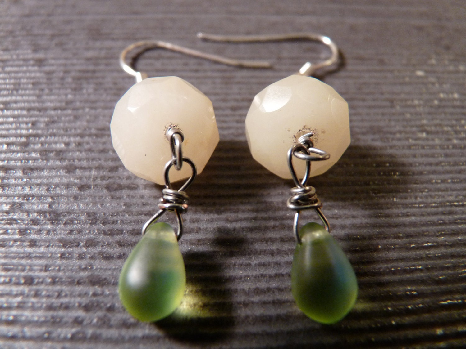 On SALE: White Stone with Vintage Green Drops Earrings