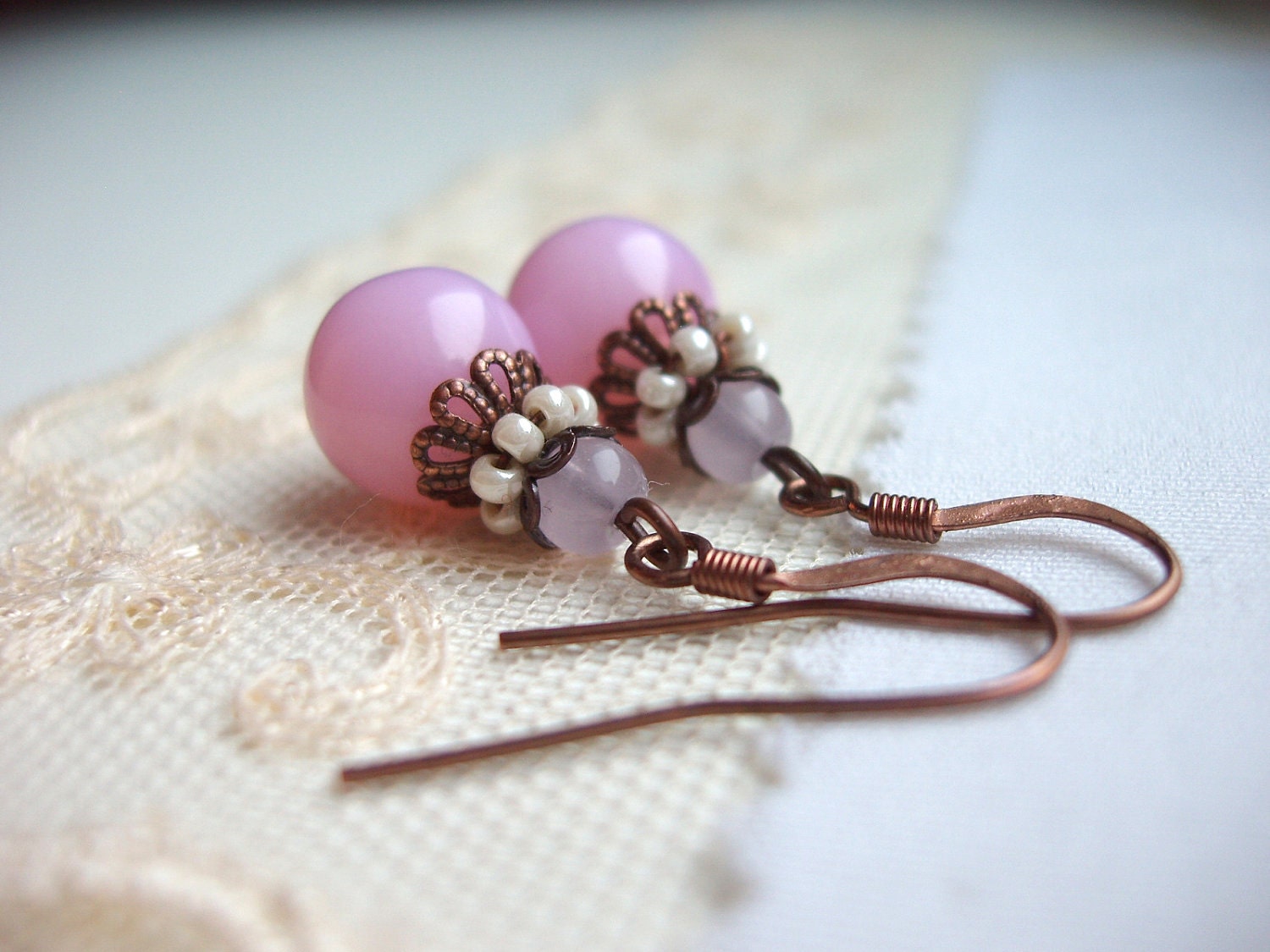 Sweet Pink Earrings - Lampwork beads with Seed Beads Pastel Pink Pastel Color - Made to Order